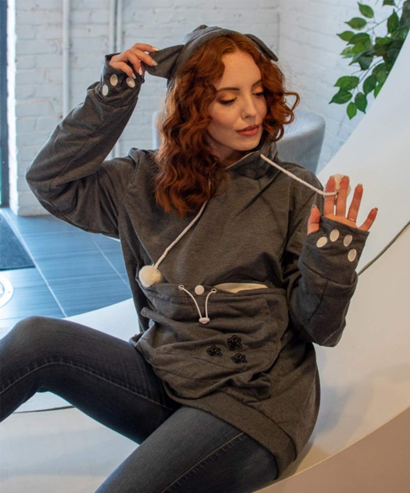 ALYC Unisex Hoodies Pet Holder Cat Dog Large Pouch Carriers Pullover with Cat Printing Sweatshirt (Dark Grey-Classic Version, S) - Image 4